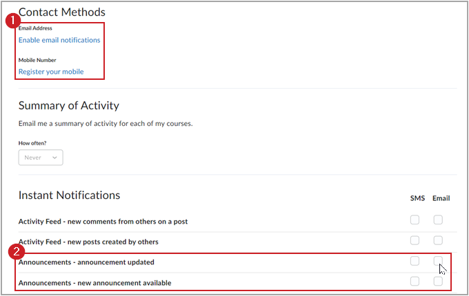 Setting up email and phone notifications for Announcements.