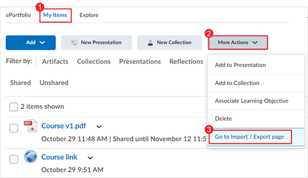 The Go to Import / Export page option