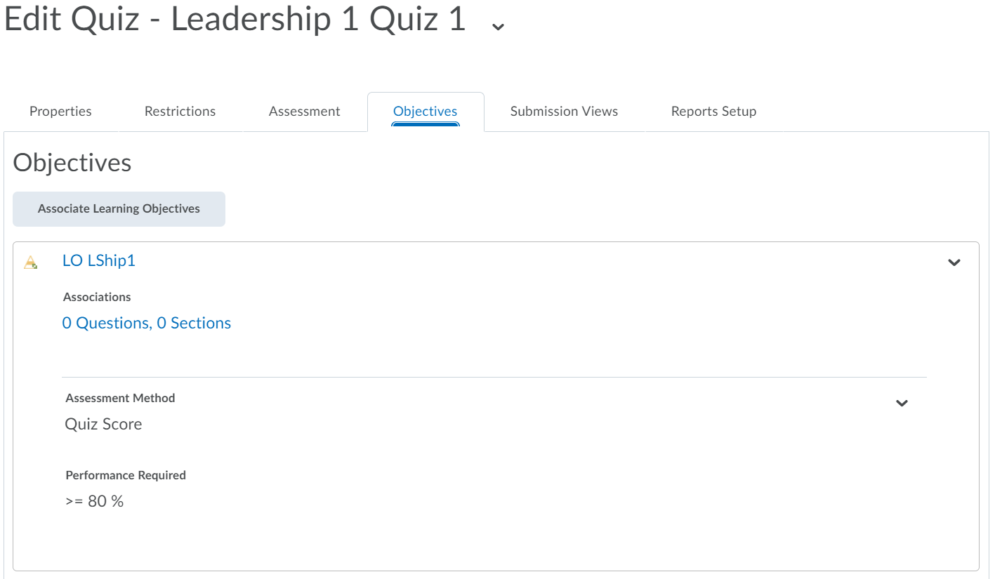 instructor view editing a quiz to align objectives to quiz assessment method