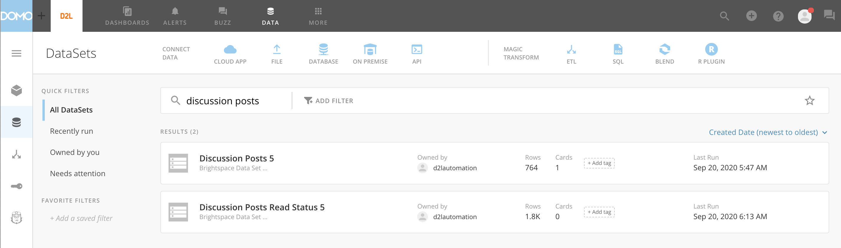 Discussion Posts in DataSets section of Data tab