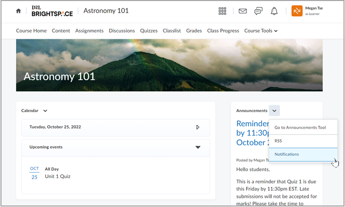 Accessing Notifications through the Announcements widget.