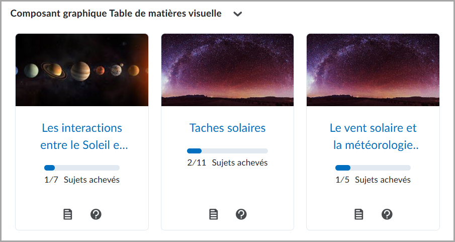Le composant graphique Table des matières visuelle, qui comporte les mêmes images pour le module et le cours.