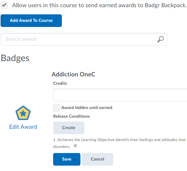 image creating/adding an award to course based on release condition for learner to earn
