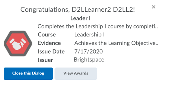 Learner view of award achieved with details and evidence