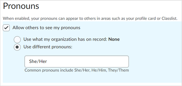 The option to add pronouns in your Brightspace profile