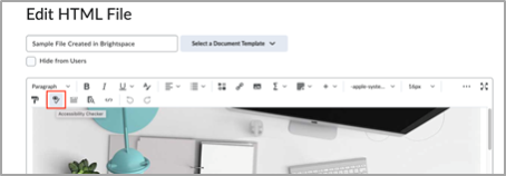 The Brightspace Editor toolbar with the Accessibility Checker highlighted.