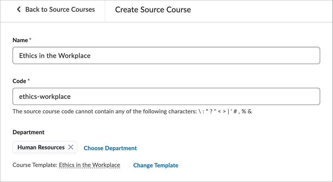La página Crear curso de origen muestra los campos Nombre, Código, Departamento y Plantilla de curso