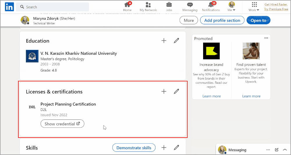 Adding an award to a LinkedIn profile