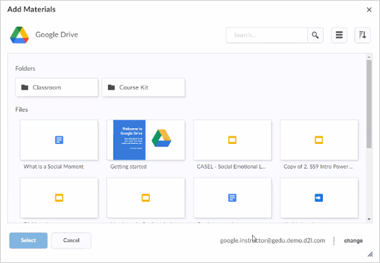 Google File Picker displaying inside Google Drive.