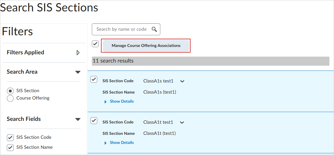 La página Buscar secciones del SIS de Asociación de sección del IPSIS con Administrar asociaciones de la oferta de cursos resaltada.