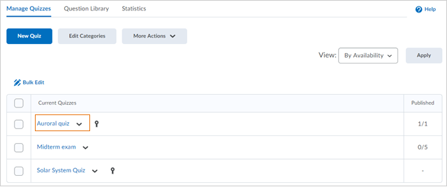 The Manage Quizzes tab, where you can select a quiz to use to align standards to quiz questions.