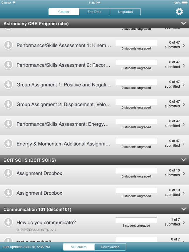 Screenshot of the Assignment grader app showing assignments sorted by course.