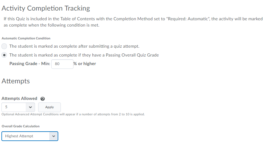 Screenshot of Activity Completion tracking options