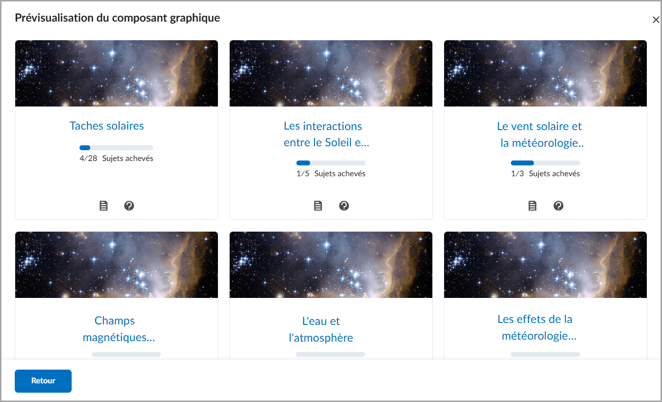 La boîte de dialogue Aperçu du composant graphique du composant graphique Table des matières.