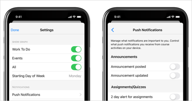 The Settings menu showing the Push Notifications menu. A second image shows the Push Notifications page.