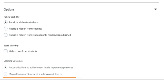 The Learning Outcomes options for rubrics define whether you want to automatically map achievement levels.