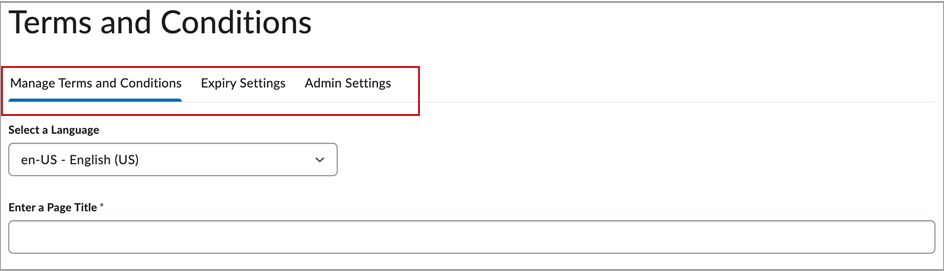 Las pestañas Administrar términos y condiciones, Configuración de vencimiento y Configuración de administración se destacan en rojo para hacer énfasis en la página de la herramienta Términos y condiciones