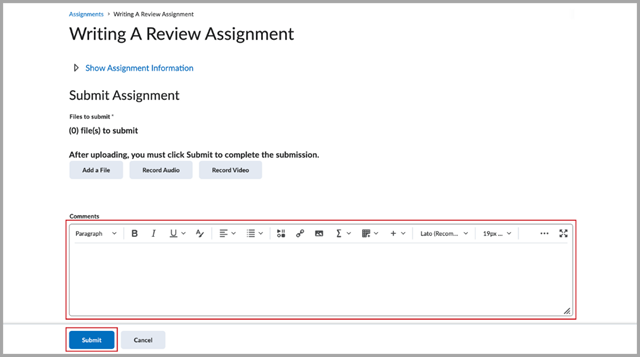 The Submit Assignment page with the Comments section and Submit option highlighted