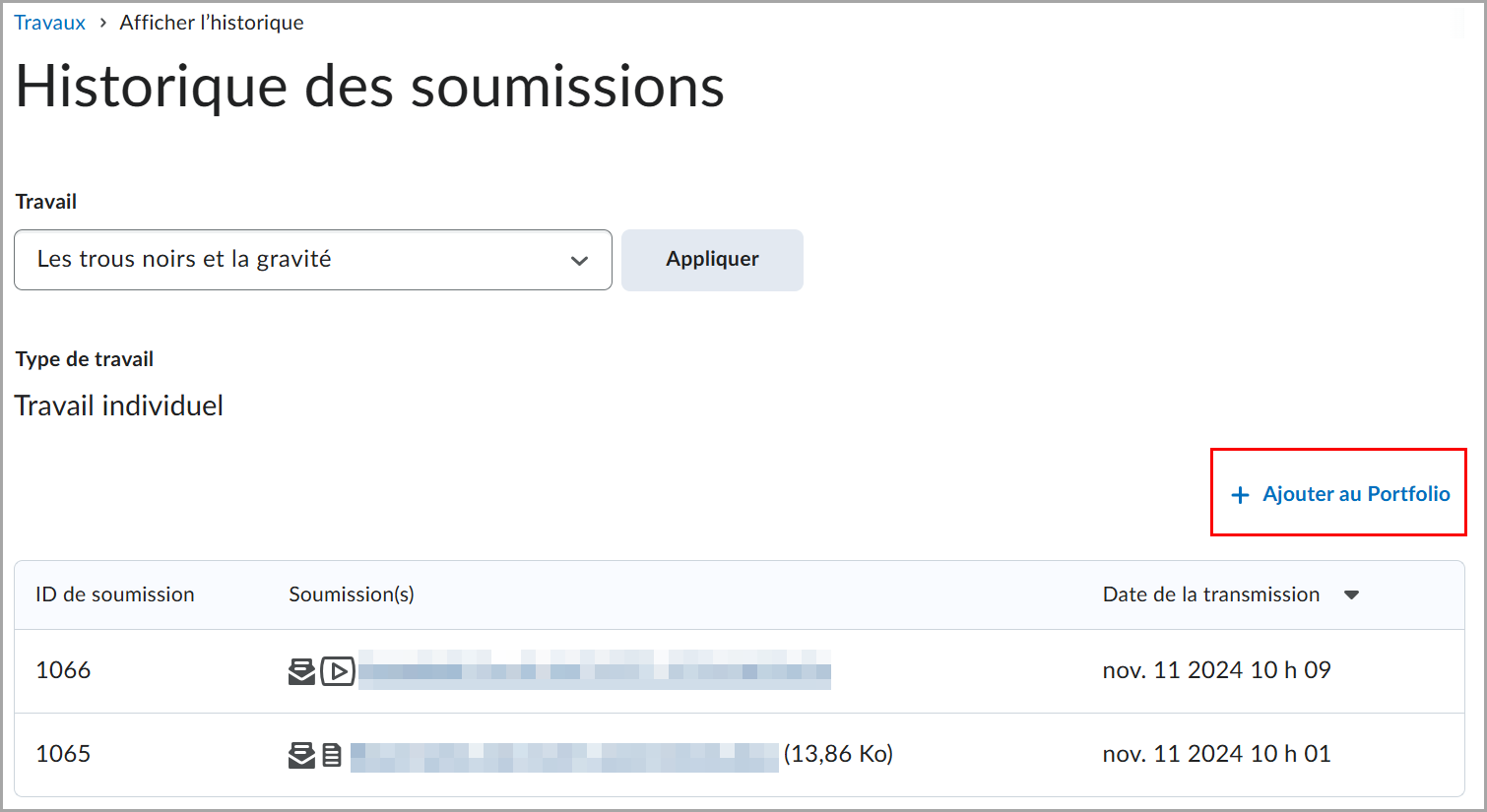 La page Historique des soumissions comprend le bouton + Ajouter au Portfolio
