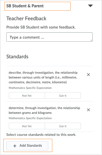The Student & Parent area of Portfolio, with the Add Standards button highlighted.