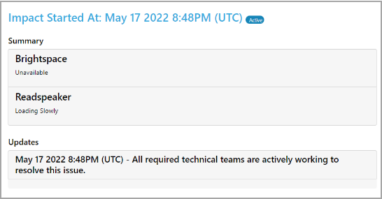 Cronograma de impactos históricos que muestra el resumen de cada servicio y actualizaciones de cualquier elemento en curso.