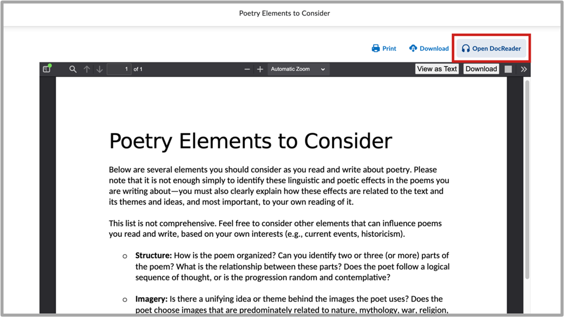 The Open DocReader option in the Content viewer topic context menu.