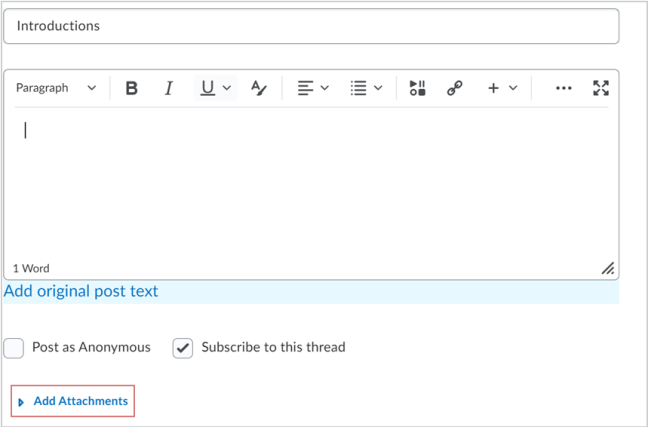 Discussion thread highlighting the Add Attachments option.