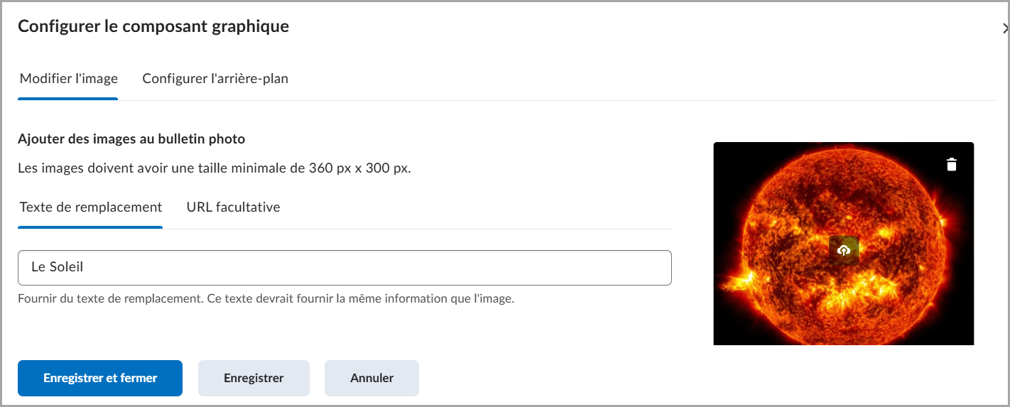 L'option Modifier l'image d'une image d'arrière-plan dans le composant graphique Bannière photo.