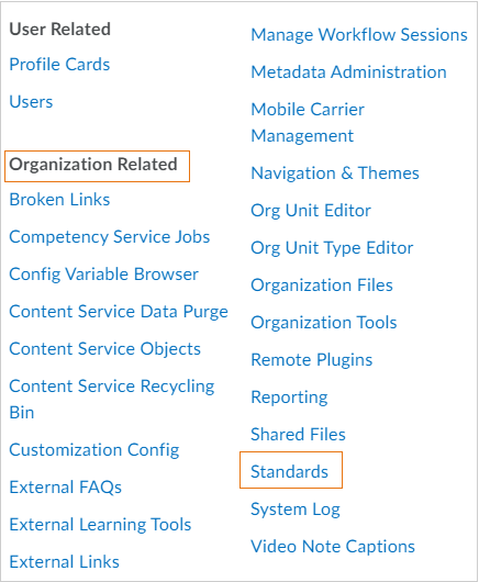 The list of Admin Tools with Standards highlighted