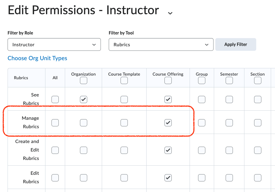Manage rubrics permission enabled for instructors at the course offering level.