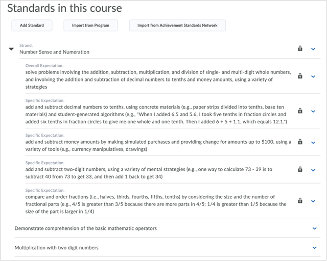 List of standards imported or added to the course.