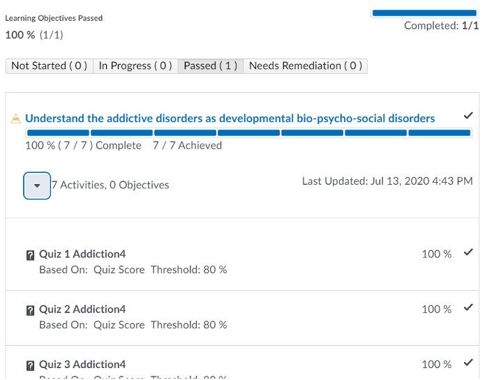 instructor view of learner progress, displaying all activities completed, thus achieving objective