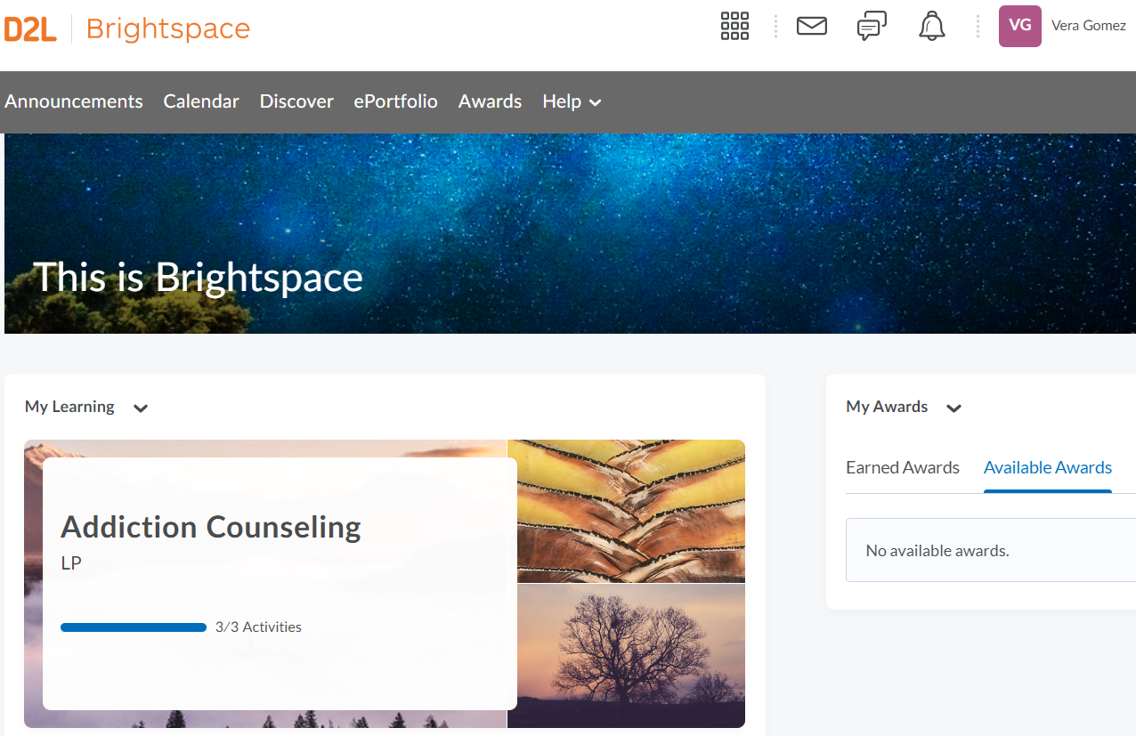 image displaying institution homepage, notifications to learner having earned individual awards by course and aggregated certificate released after earning all course awards