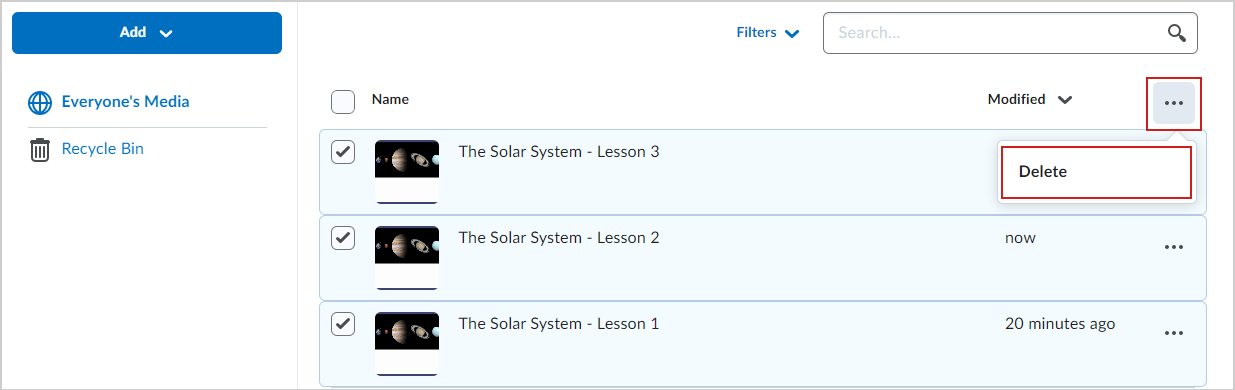 The Delete bulk action of the Media Library tool for Instructors.