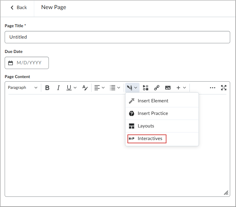 Creator+ Editor de páginas que muestra las opciones disponibles para crear y administrar la herramienta de contenido interactivo H5P.
