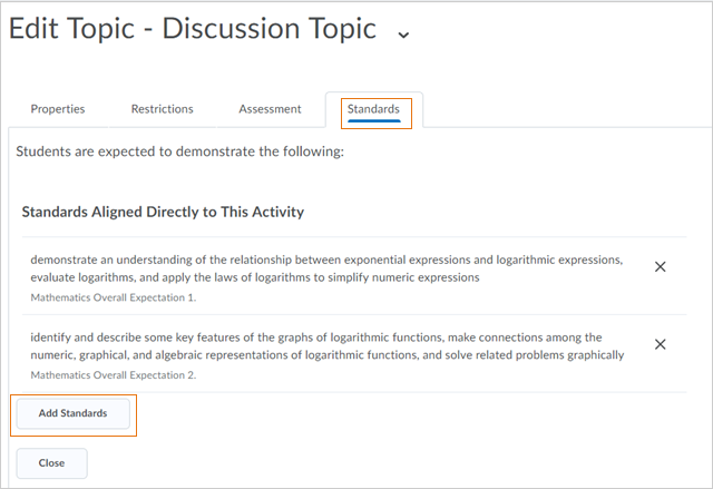 Displays the Edit Topic dialog with a focus on adding learning outcomes to the discussion.