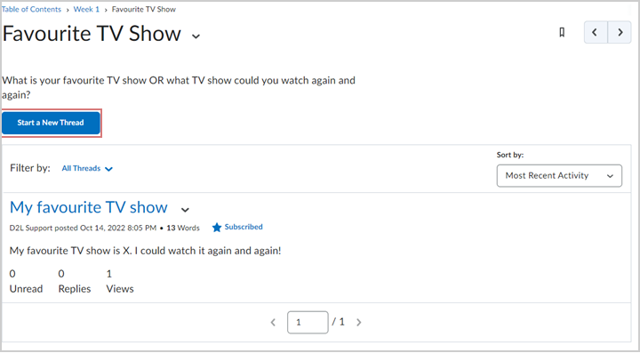 The Start a New Thread option in a discussion topic.