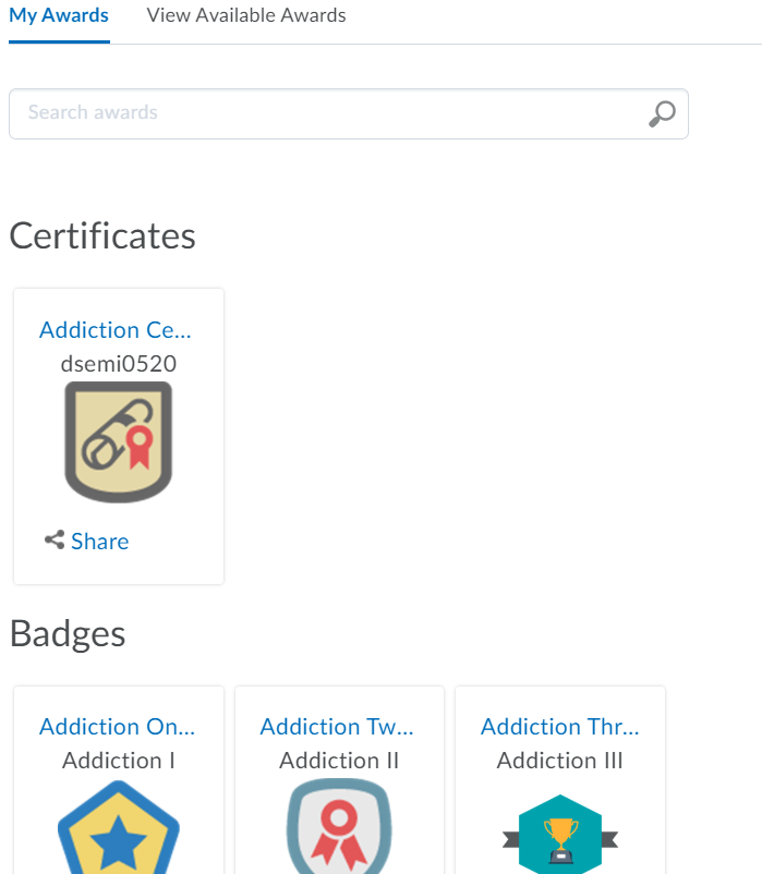 Learner view of all awards, badges and certificates earned