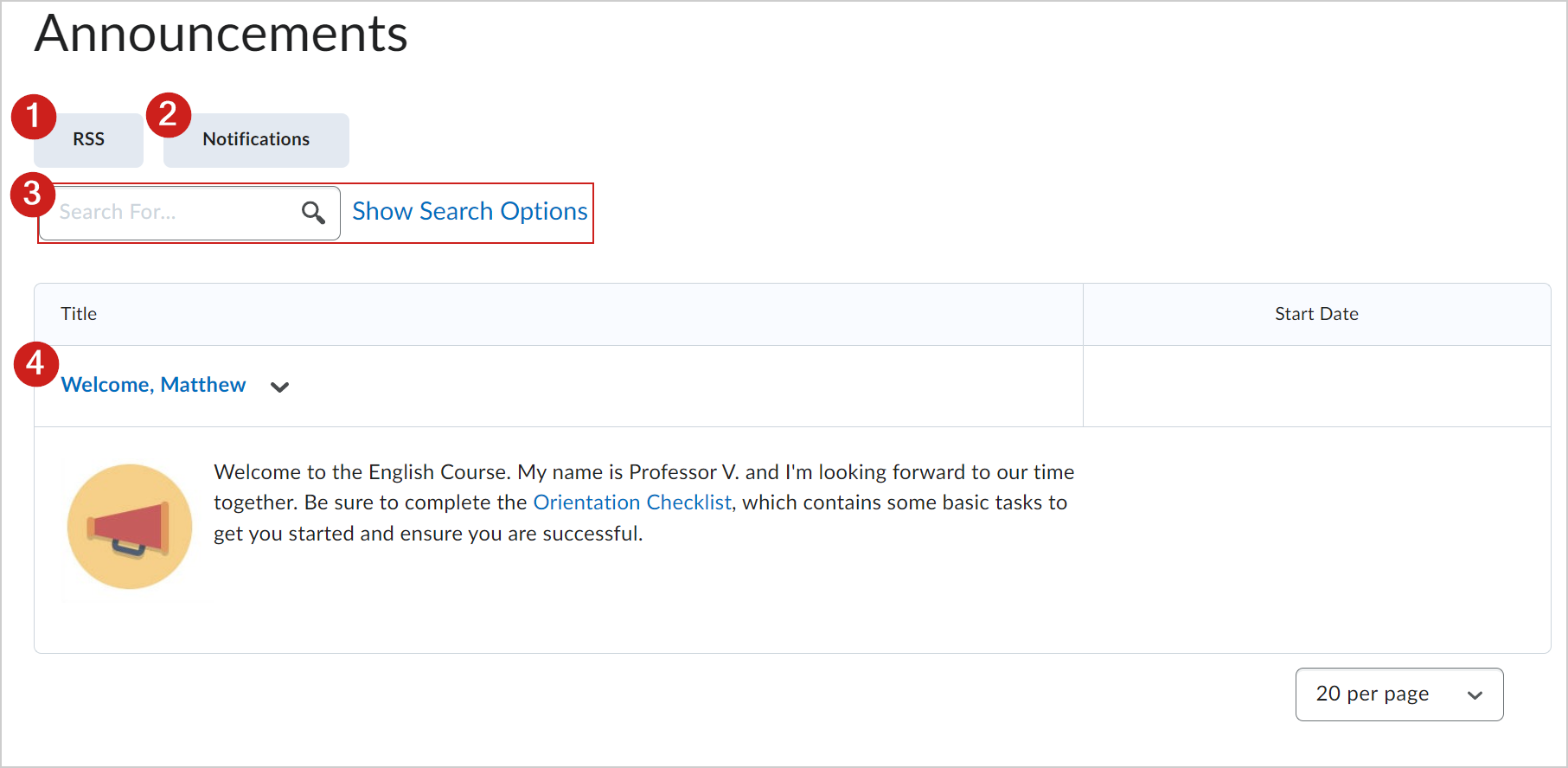 Overview of the Announcements tool for students and learners.