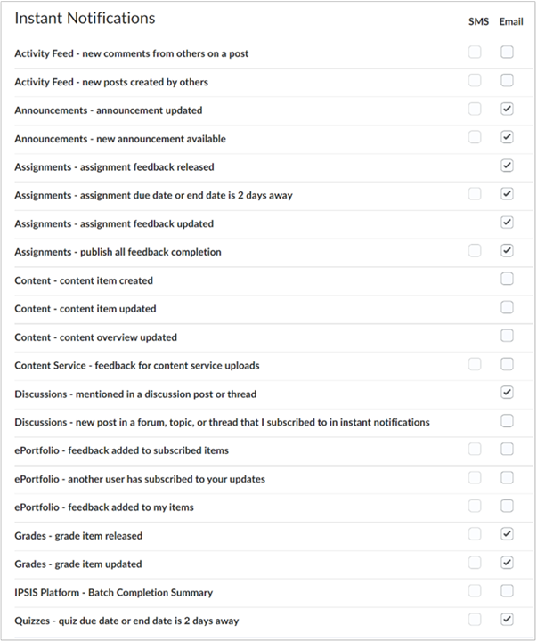 The option to enable Instant Notifications for course-related components via SMS or Email
