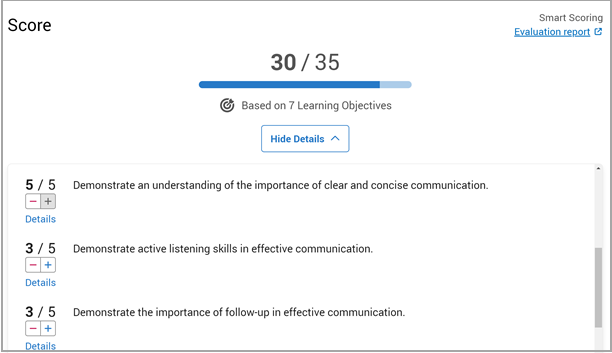 Smart Scoring proporciona evaluaciones automáticas basadas en los resultados de aprendizaje que ha establecido. También puede ajustar la evaluación o ver el informe de evaluación completo.