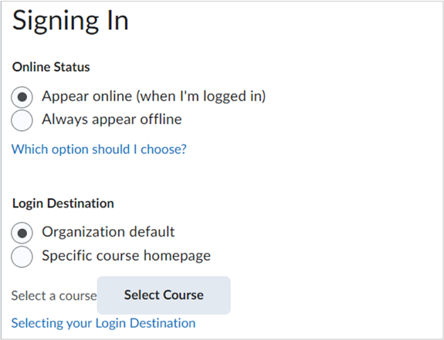 The options to configure the Online Status and Login Destination settings