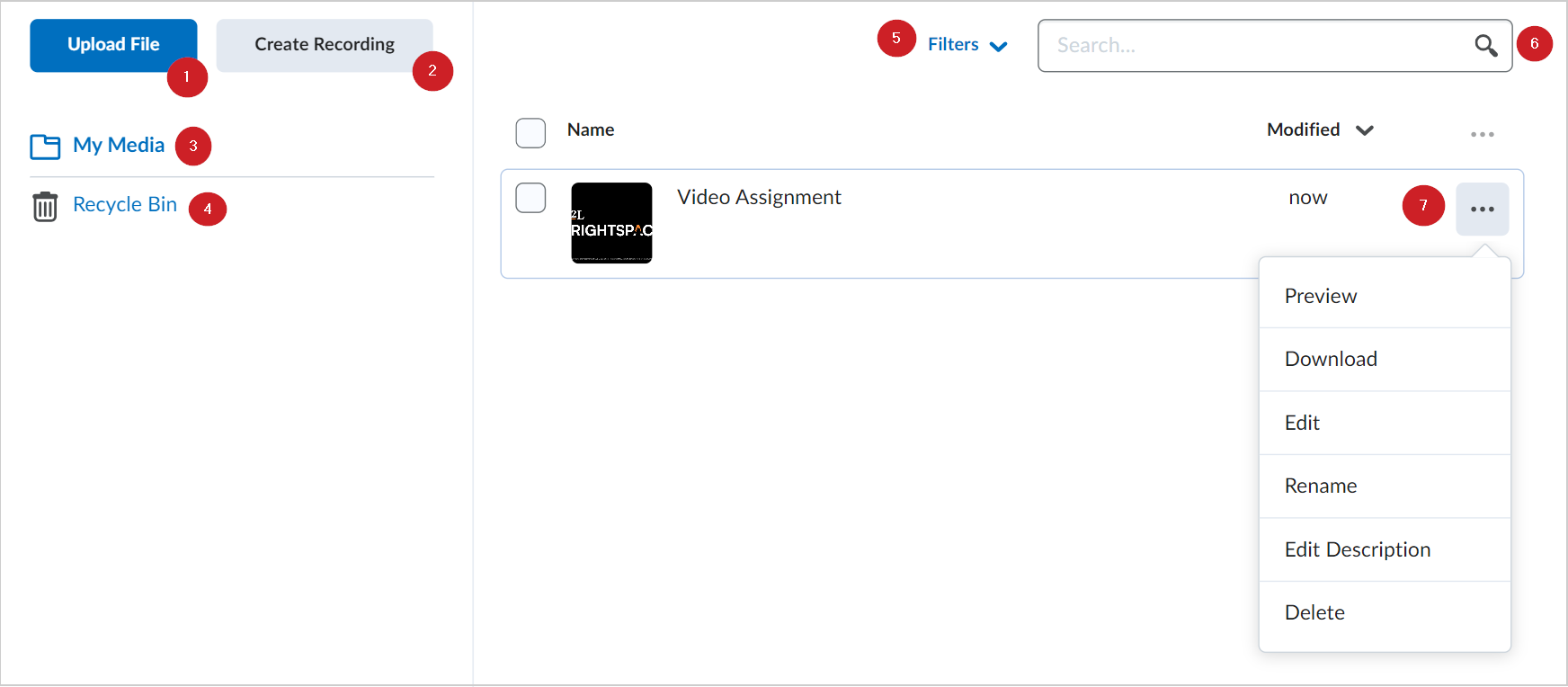 The Media Library main page. The Upload File and Create Recording buttons are at the top left. Below is the My Media and Recycle Bin buttons. The Filters drop-down menu appears at the top right next to the Search bar. A video assignment's drop-down menu is open to show all options.
