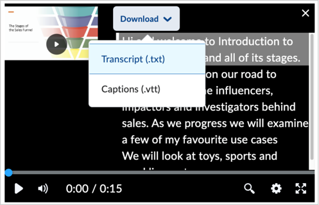The Download option displaying the Transcript and Captions download options.