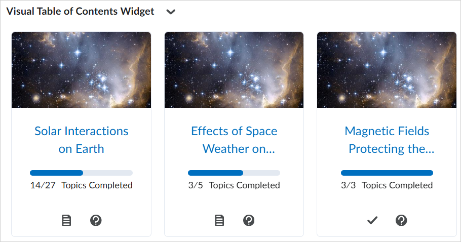 El componente Tabla de contenido visual con las imágenes del módulo establecidas al mismo tiempo que el curso.