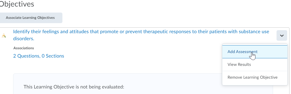 image adding assessments to an objective that is aligned to a quiz