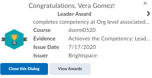 Learner view earning Institutional award based on completing 3 courses and achieving full competency