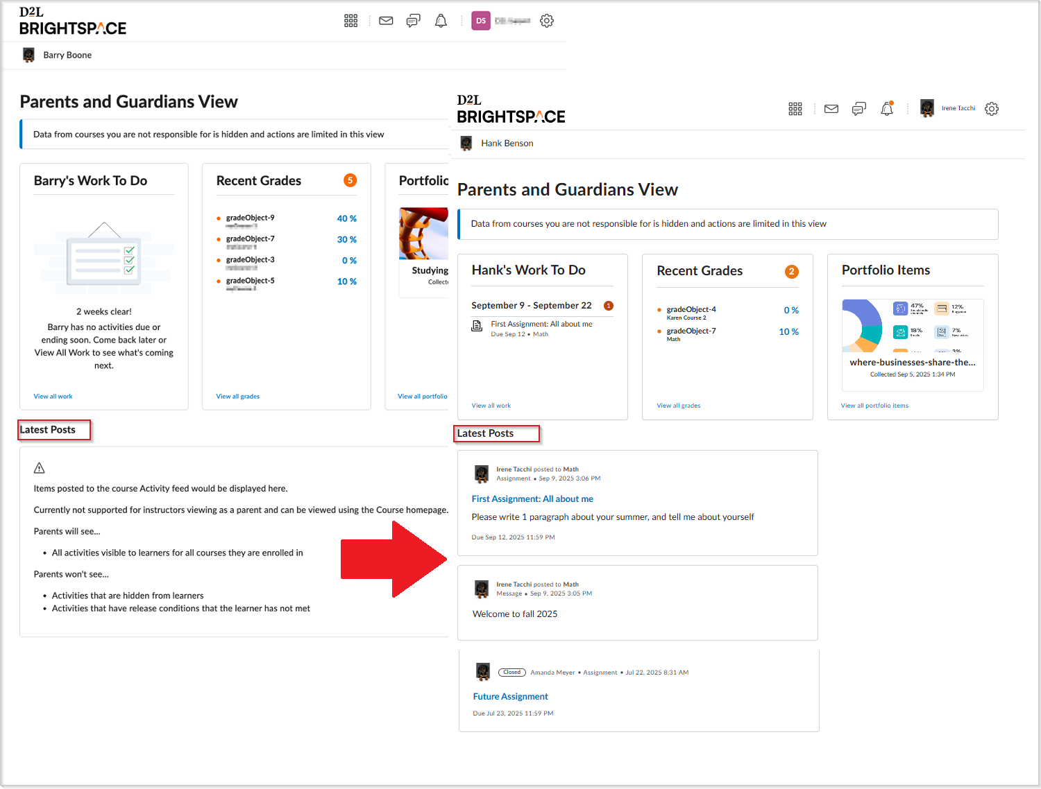Visualização dos Pais e Responsáveis com feed de atividades e lista suspensa de filtros de curso.
