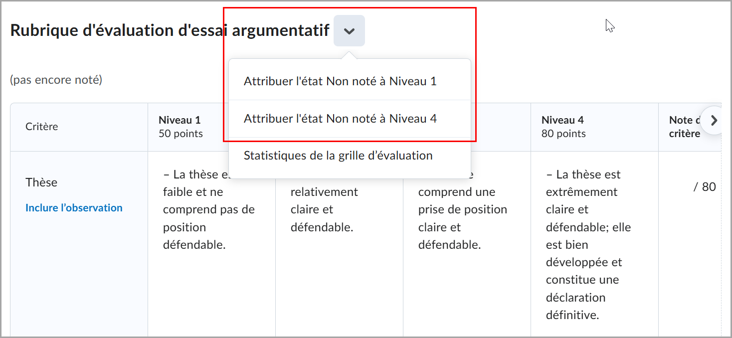 Dans l'Évaluation cohérente, le menu déroulant situé à côté du nom de la grille d'évaluation comprend des options permettant d'octroyer une valeur maximale ou minimale aux critères non notés.