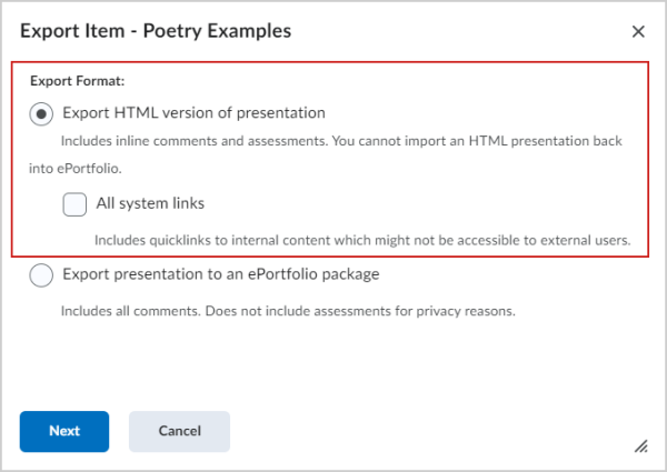 The Export Item dialog with Export HTML version of presentation selected.